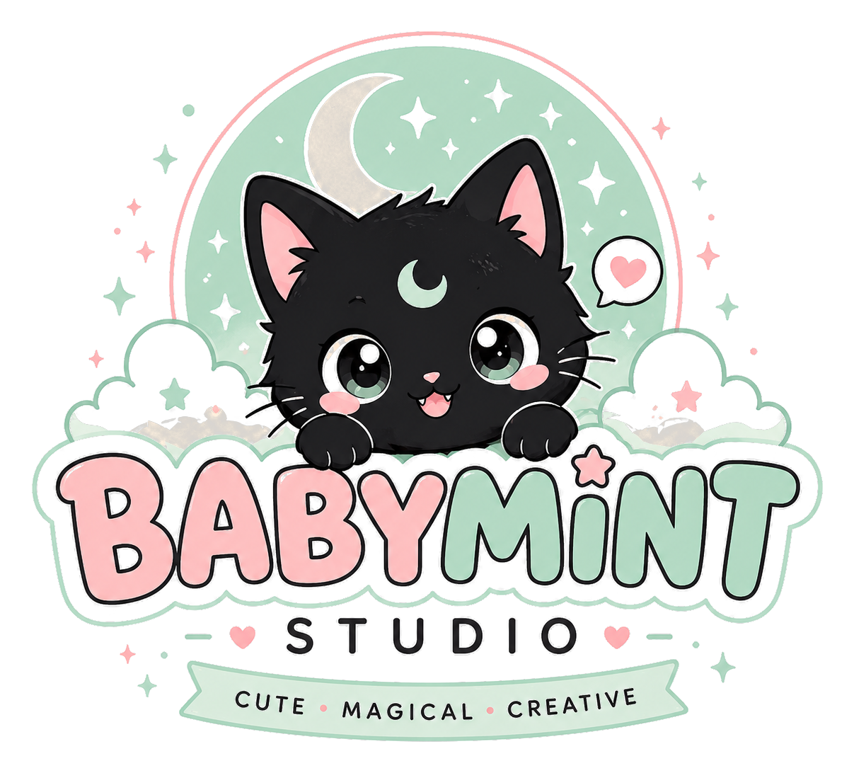 Babymint Studio — a small black cat with a mint crescent moon marking, resting in clouds